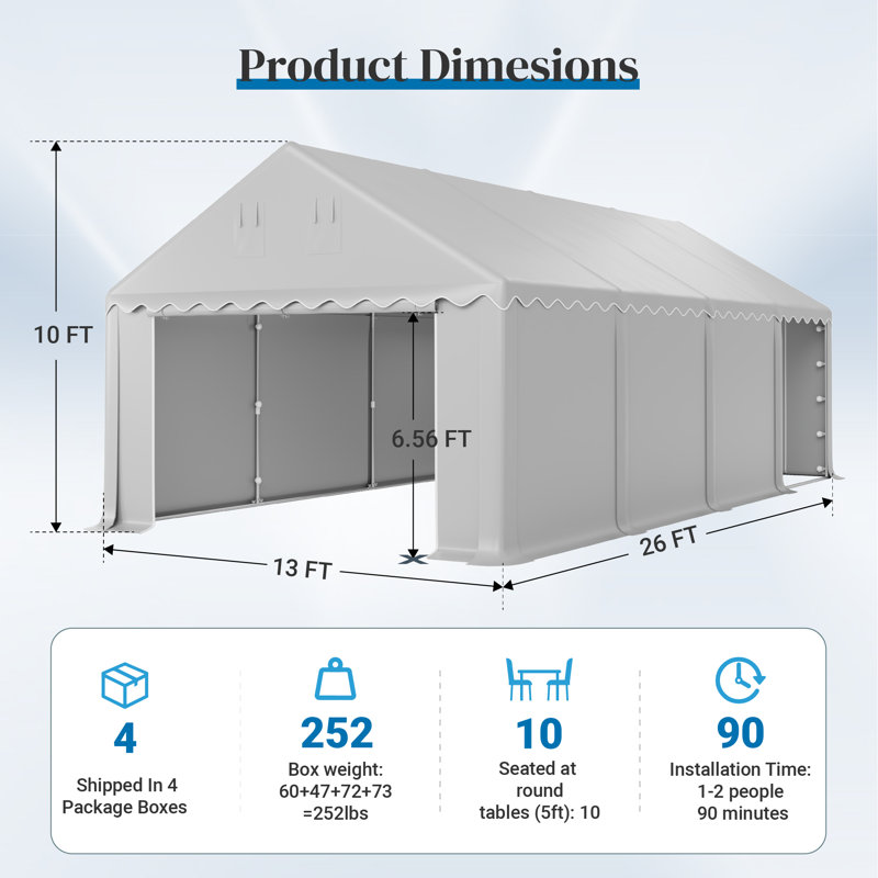 Abri de rangement de garage portatif en acier galvanisé Carport, 13 pi x 26 pi