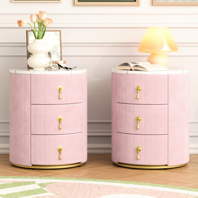 2 tables de chevet rondes roses avec 3 tiroirs pour garder les essentiels et les boissons de chevet, dessus autocollant, poignées en métal doré, poignées à installer rapidement dans la chambre à coucher, installation facile