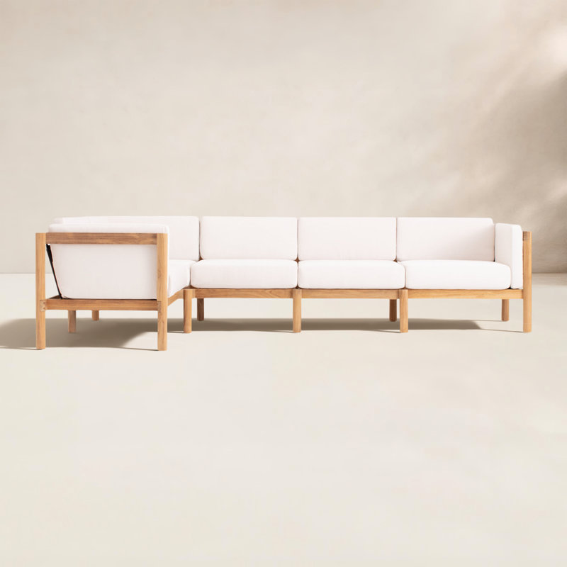 Haven Teak Outdoor Sectional With Sunbrella Cushions In Graystone, Sunbrella Canvas, 5
