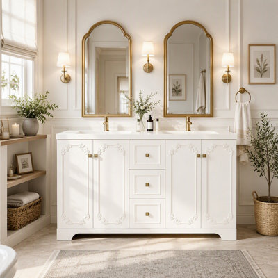 Armoire de salle de bain sculptée de style français avec rangement abondant, portes à fermeture douce et tiroirs