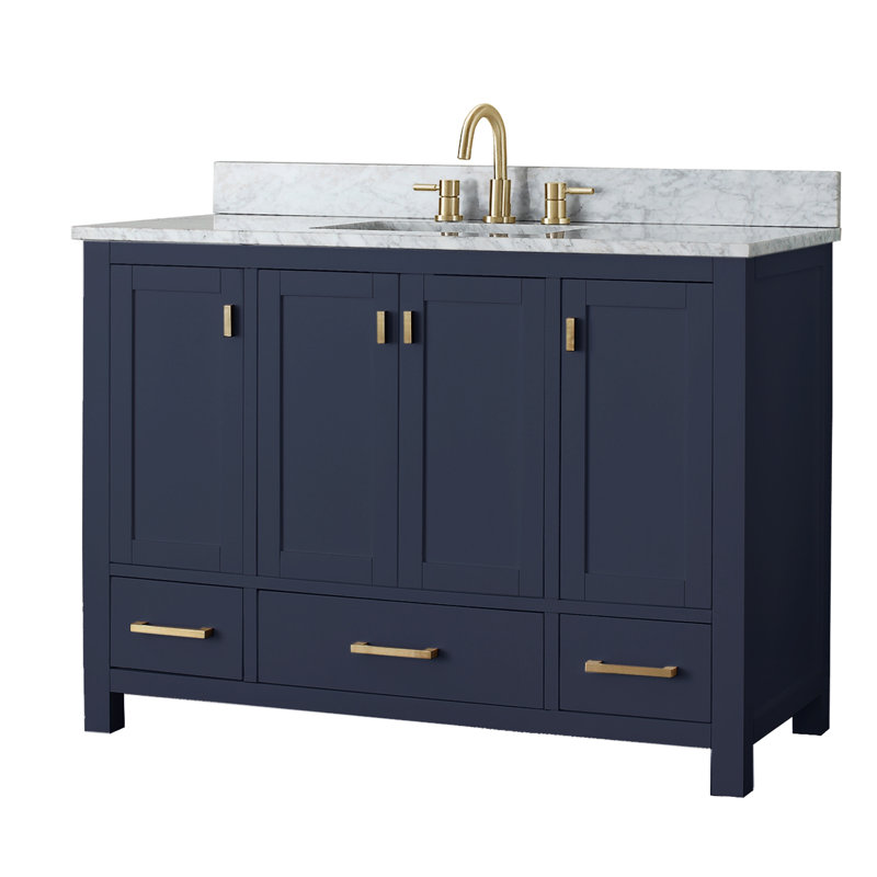 Modero 48" Single Bathroom Vanity with Top, Carrera White Marble, Gold, Navy Blue
