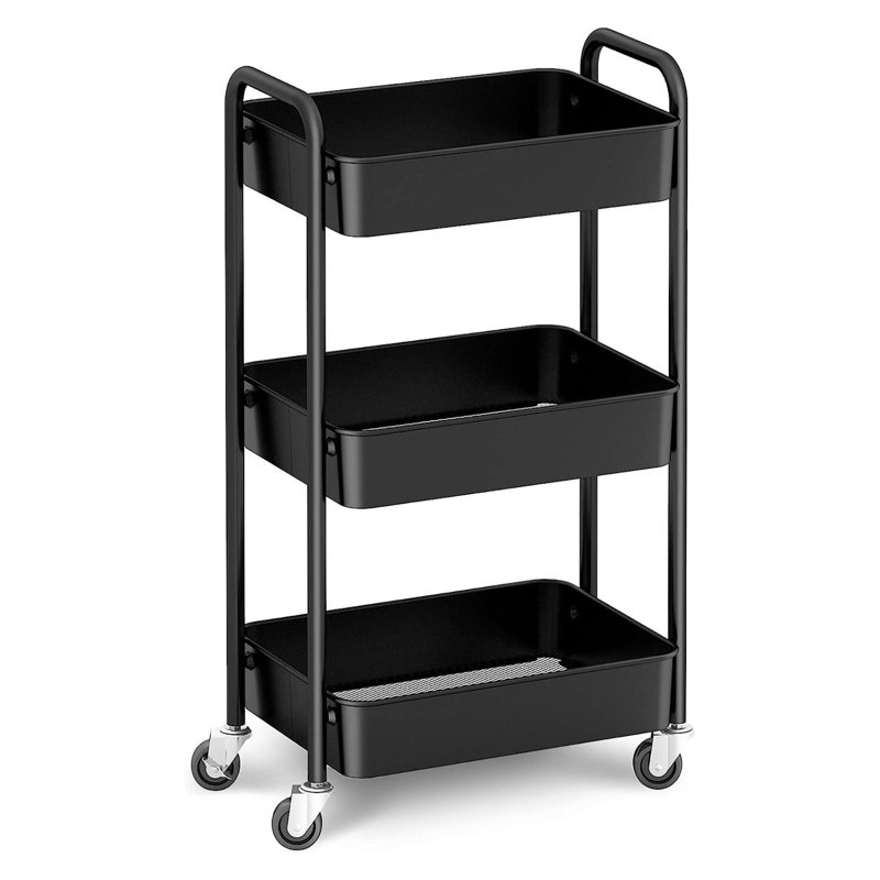 Black 3-Tier Metal Rolling Utility Cart with Casters