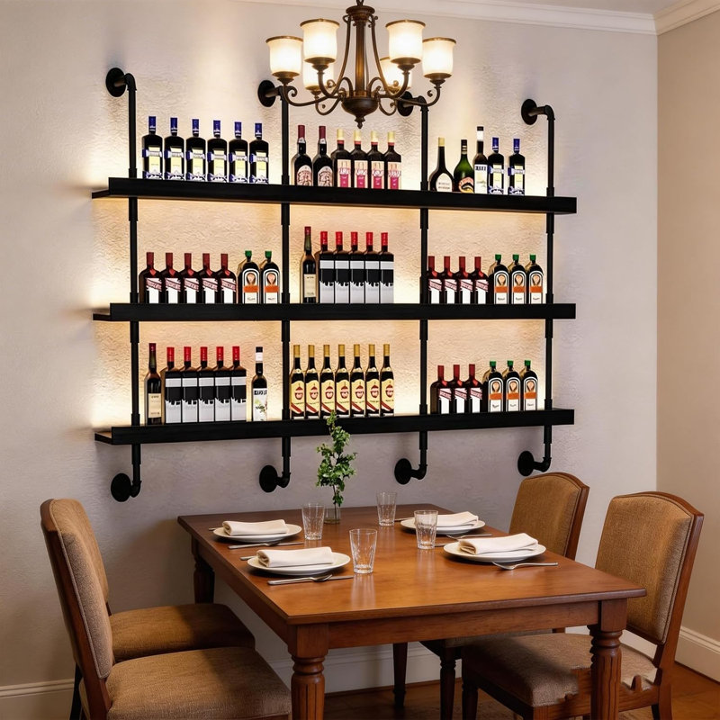 Casier à vin mural à 3 niveaux en tubes noirs de 55 pouces avec éclairage DEL chaud, 47.2" H x 55.1" W x 7.8" D