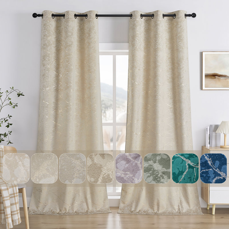Deavion Velvet Curtains Metal Grommets Room Darkening with Gold Foil Print 2 Panel Set, 40" W x 63" L, Beige