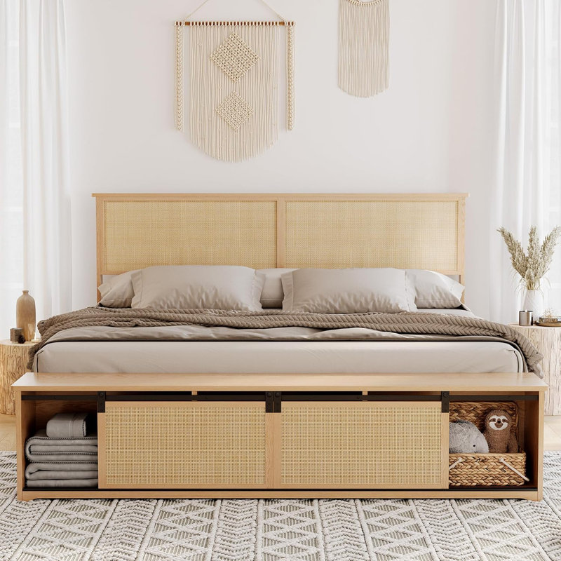 Natural Rattan Bed Frame with Sliding Barn Door Storage Cabinets, King