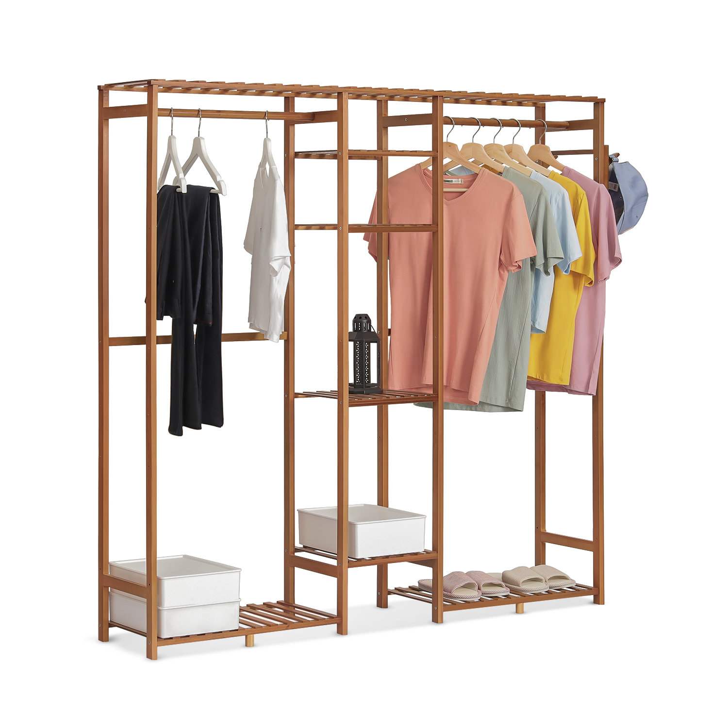 MoNiBloom 6 Tiers Coat Pants Rack Closet Wardrobe with Hanging Rod, Bamboo  Clothing Stand, for Living Room