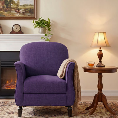 Traditional Tweed Accent Armchair, Upholstered Single Lounge Chair With Solid Wood Legs, Available In Cranberry & Purple