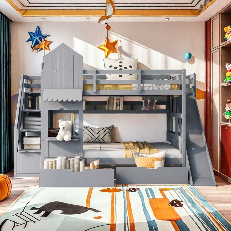 Hatina Kids Castle Style Storage Bunk Bed with Slide and Stairs, Full over Full, Gray