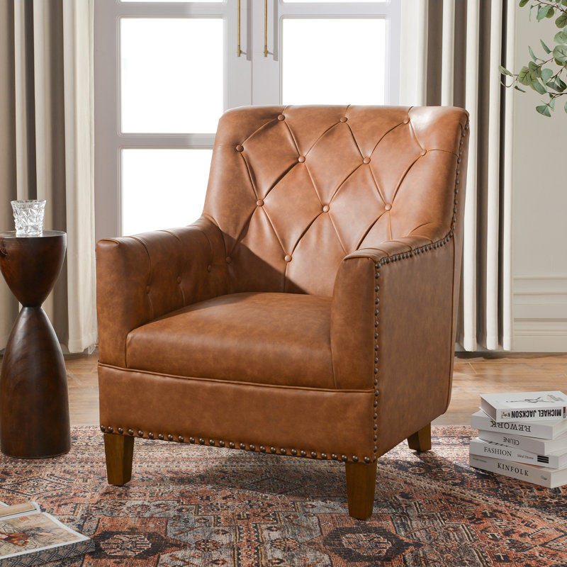 29.5'' W Top-Grain Genuine Leather Upholstered Armchair, Brown