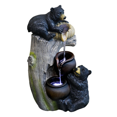 Outdoor/Indoor Tiered Bear and Tree Trunk Resin Water Fountain with LED Lights, 23.62" Height