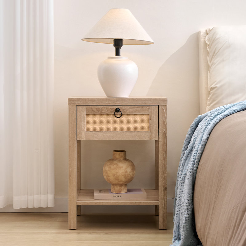 Rattan Nightstand With Drawer And Open Shelf, Boho Bedside Table, Cane Side Table For Bedroom & Living Room, Light Oak