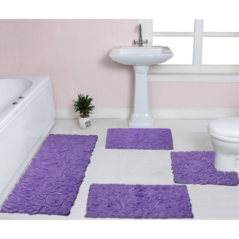 Freida Floral Rectangular 100% Cotton Solid Bath Rugs & Contour Mat (Set of 4), Purple
