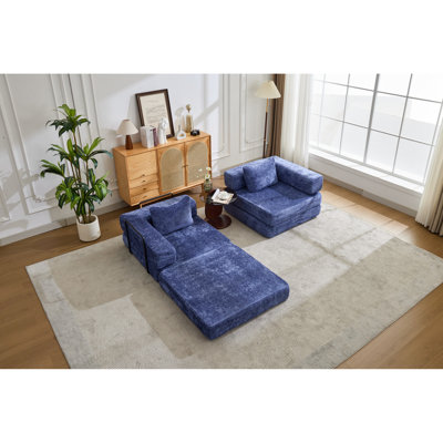 Aucun assemblage requis Lit pliable convertible bleu foncé, compression à 2 places en tissu chenille pour plancher de salle de jeux avec cadre de forme fixe, zones de lecture