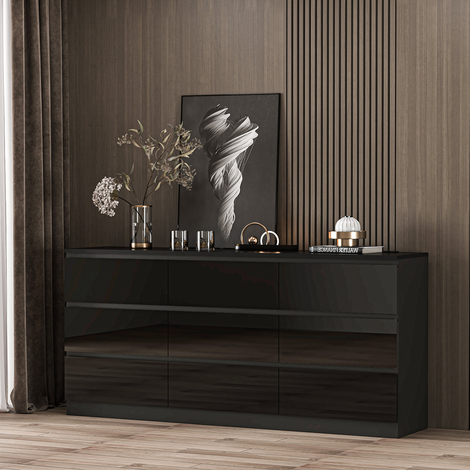 Ivy Bronx 70 Inch 9 Drawers Dresser With Power Outlet, Wide High Gloss ...