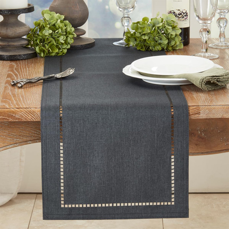 Laser-Cut Hemstitch Design Solid Color Table Runner 14" W, 54" L x 14" W, Black
