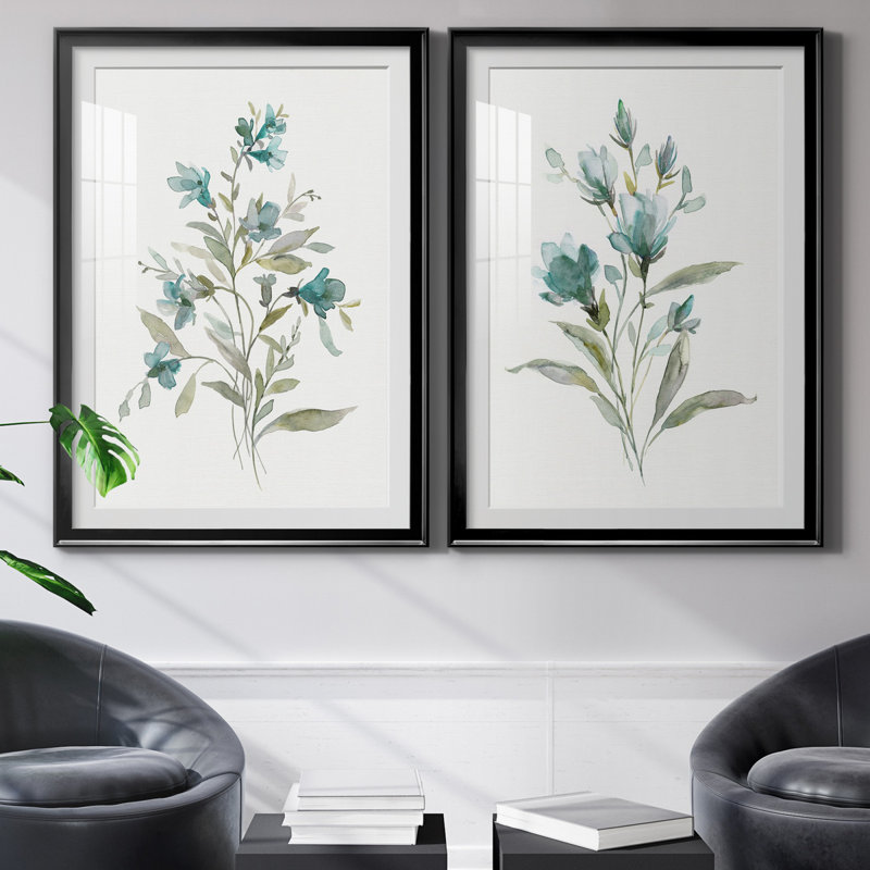 Linen Botanical III - ensemble de 2 reproductions d'art, H 26,5 po x l 73 po x P 1,5 po, Papier encadré noir, Blanc