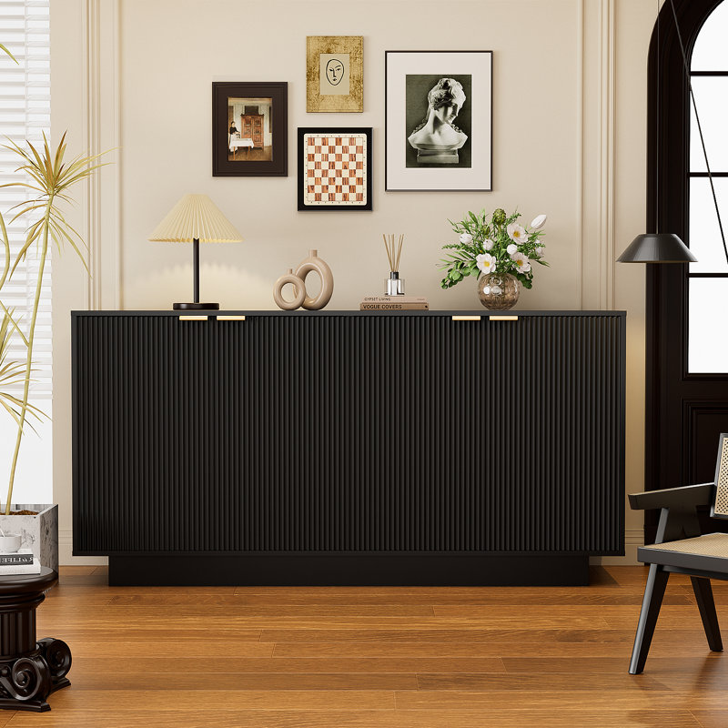Grande armoire à vin 63 "avec buffet cannelé et bar à vin moderne, Noir