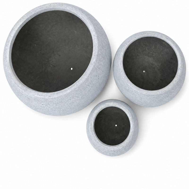 Ensemble de 3 jardinières rondes intérieures / extérieures en polystone lisse, gris, Gris