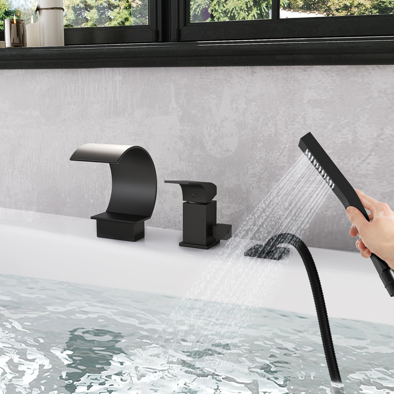 Waterfall Deck-Mount Bathtub Faucet Set with Handheld Shower, 3-Piece Roman Tub Filler with Single Handle, Matte Black Tub Faucet