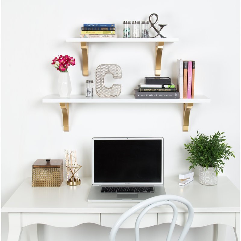 Hornyak Bracket Shelf, 8.8" H x 24" W x 8" D, White/Gold