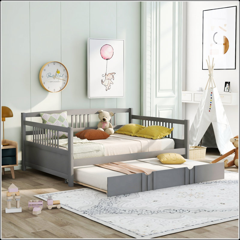 Versatile Daybed Wood Bed With Twin Size Trundle, Perfect For Small Spaces And Dual-Use Comfort, Gray, Full