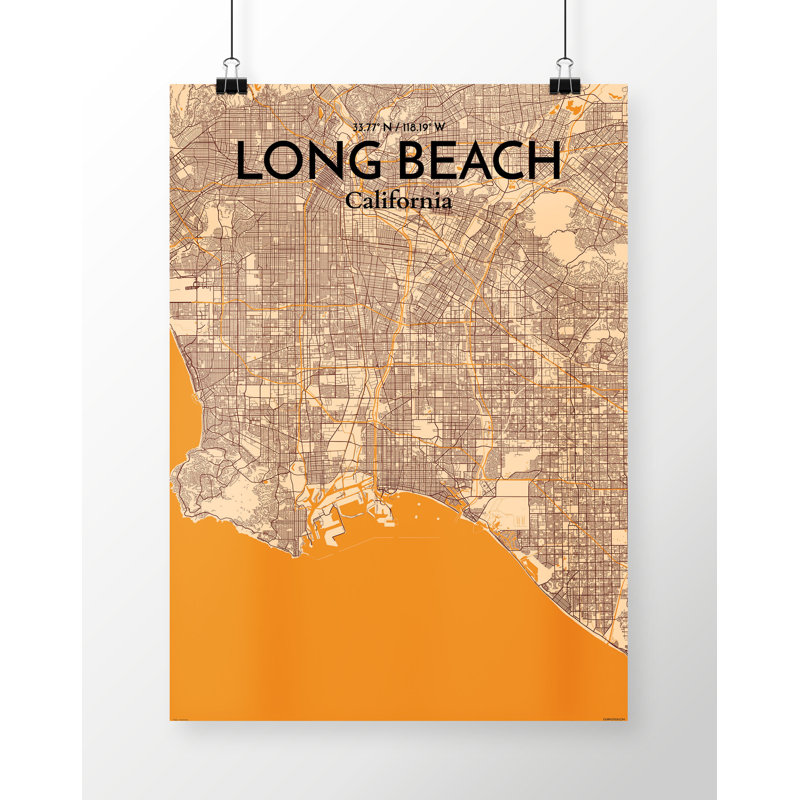 «Long Beach City Map», reproduction d'impression sur affiche en orange clair, H 24 po x l 18 po