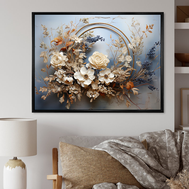 Farmhouse Wreath Still Life - Art mural couronne, H 30 po x l 40 po x P 1,5 po, Cadre flottant noir