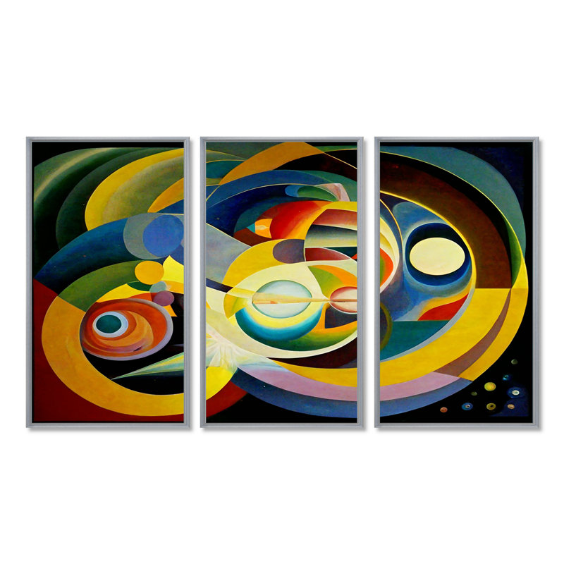 Origine du monde, couleurs rétro - ensemble d'art mural géométrique, Encadrement argenté, H 40 po x l 60 po x P 1 po