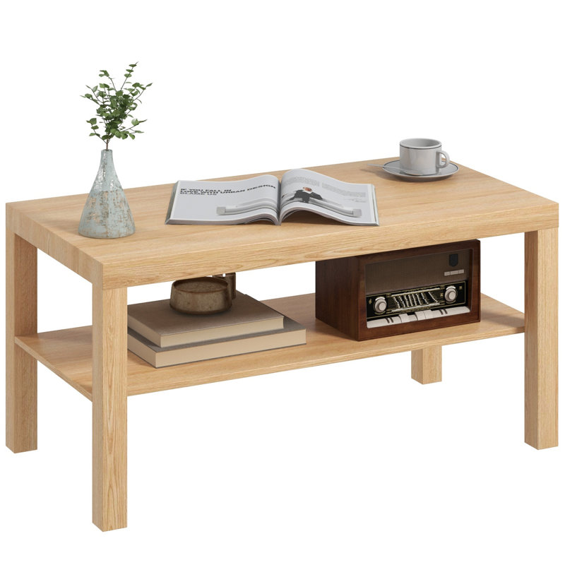 Table basse à 2 niveaux avec tablette de rangement pour le salon, bois naturel