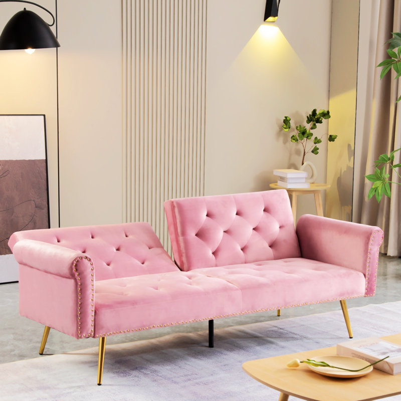 Canapé-lit à accoudoirs roulés en velours 72,83 po Bhavjal, Velours rose