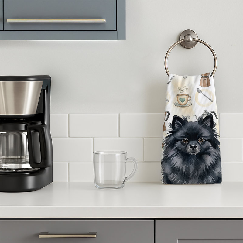 Black Pomeranian Coffee Bar Kitchen Towel, Black Pomeranian