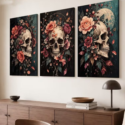 3pcs Bohemian Gothic Framed Canvas Wall - Dark Floral Triptych with Haloed Skull & Roses, Suitable for Halloween & Christmas Decorations.