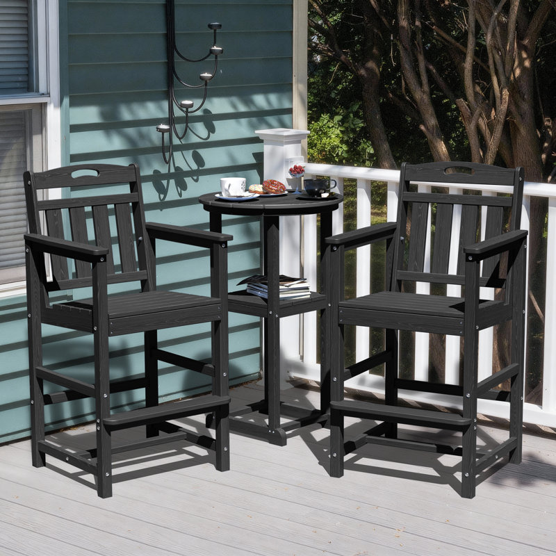 Outdoor HDPE 3-Pieces Patio Bar Sets with Bar Table and Chairs, Black