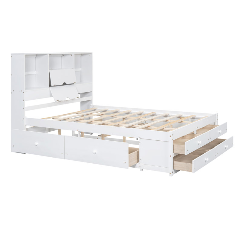 Lit plateforme avec tête de lit avec rangement et 8 tiroirs, Blanc, Grand