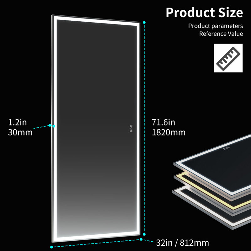 Miroir de salle de bain mural surdimensionné avec grand miroir mural à 3 modes de couleur, 32 po x 72 po, Argent argent