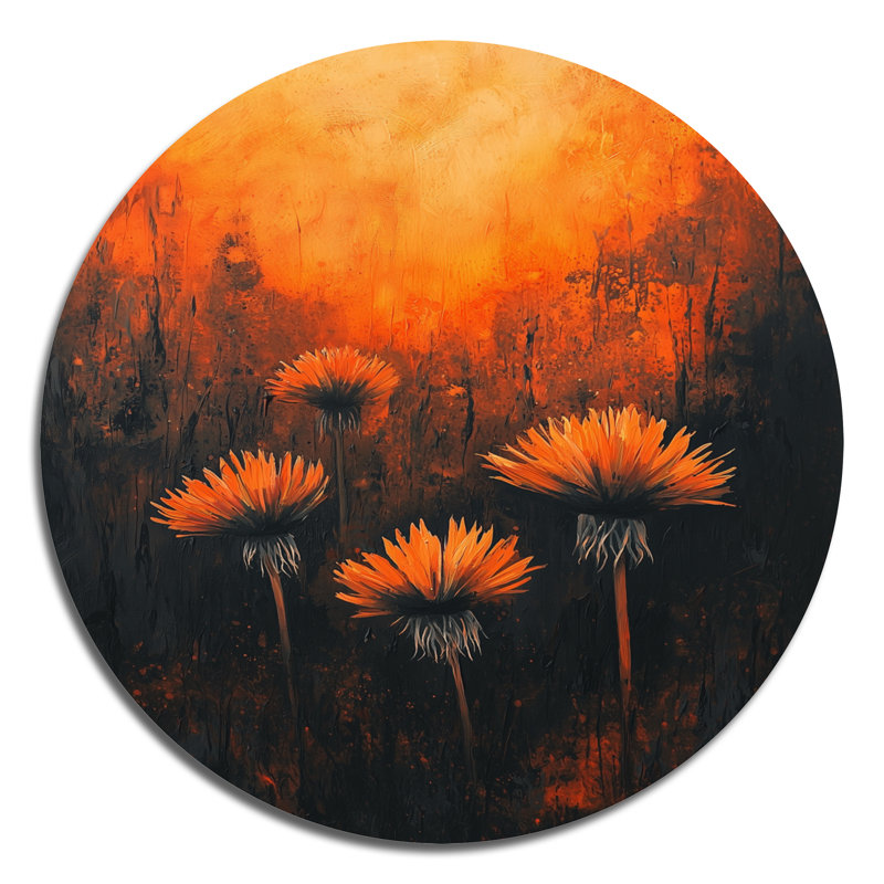 Inferno pissenlit en symétrie orange et noire - reproduction d'art traditionnelle orange en métal, H 23 po x l 23 po