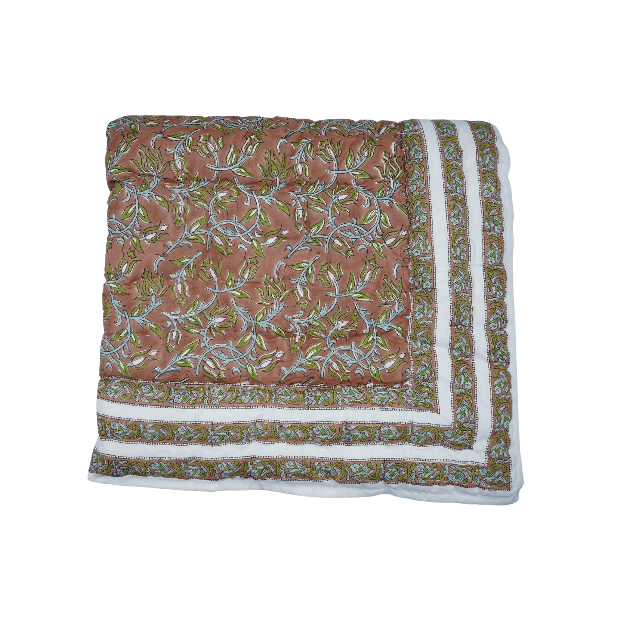 Fabdivine Luxury Block Print Cotton Quilt Floral Boho Bedding for Bedroom & Sofa, Red/Brown/Blue, Cal King