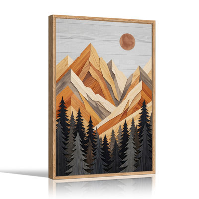 Tableau sur toile représentant un paysage de montagne en bois superposé avec des pins