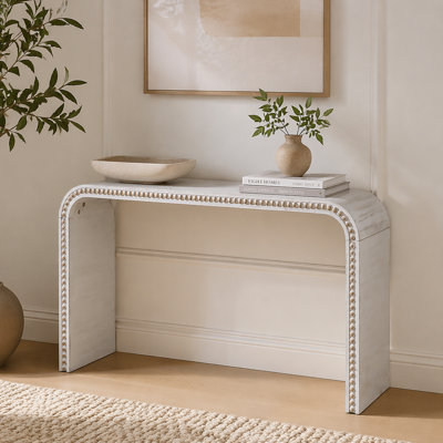 Washed white Console Table, 59in Entryway Table, Curved Waterfallstyle Table,Console table with wood beads,Entrance Table for Entryway, Hallway, Livin