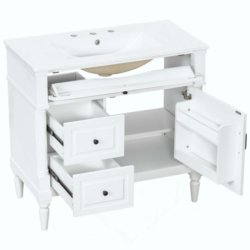 Meuble-lavabo de salle de bain avec lavabo, armoire de salle de bain autoportante avec lavabo en céramique, tiroir rabattable, tablette réglable, structure en bois d'hévéa et panneaux de fibres à densité moyenne, finition peinte à poignées en métal