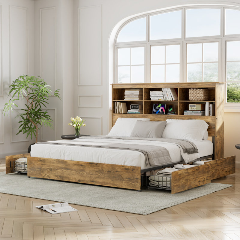 Lit plateforme rustique avec tiroirs de rangement et station de charge, base de lit en bois avec tête de lit haute, ports USB, meubles de chambre à coucher de ferme, support de lattes robuste, aucun sommier nécessaire