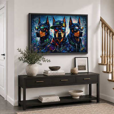 Cool Doberman Graffiti Portrait Artwork, Game Room Pictures, Framed Canvas Giclee Print Wall Art