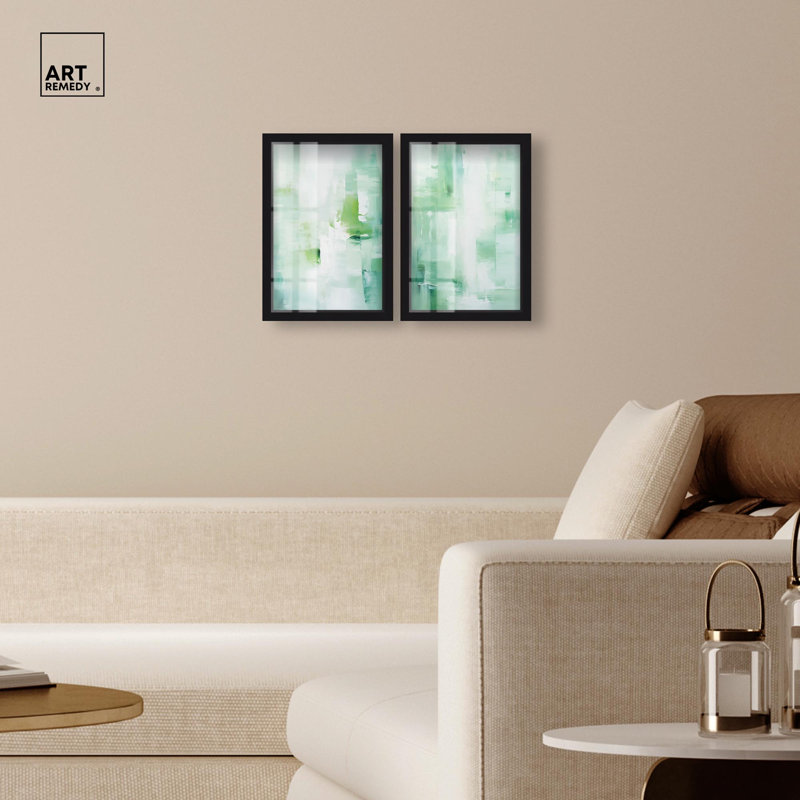 Ensemble artistique « Emerald Mist Duo Shadowbox » de Art Remedy, avec une impression bleue et sauge, cadre noir, 16 x 24