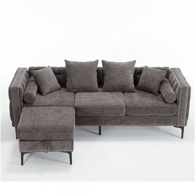 Canapé modulaire en forme de L, repose-pieds convertible avec rangement, chenille, accoudoir carré, canapé capitonné moderne, 3 places et tête de clou, gris foncé