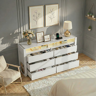 78'' LED Dresser for Bedroom, Wood Dresser with Charging Station, Large Chest of Drawers Expandable with Flexible Shelves and Hanging Rack for Closet, Living Room (85" TV)