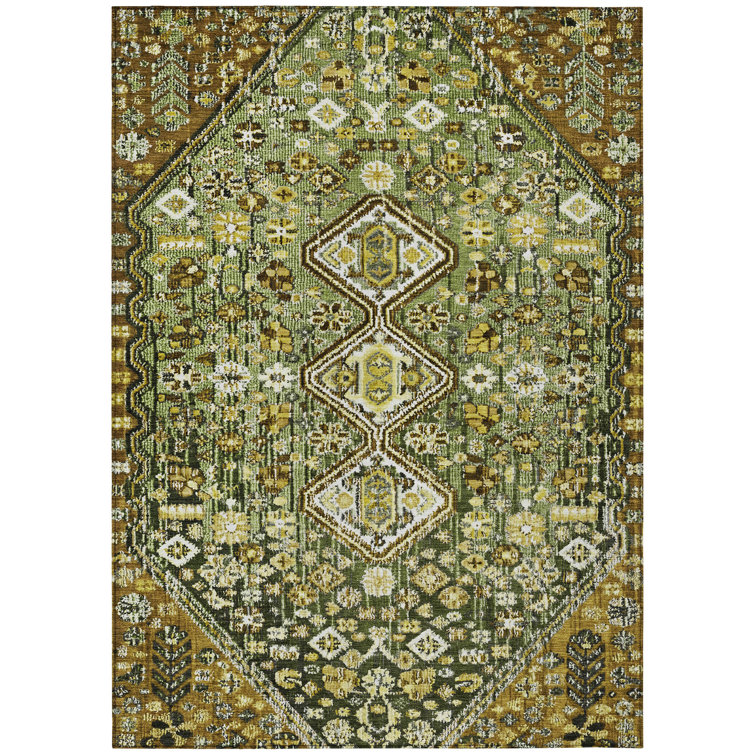 Machine Washable Indoor/Outdoor Xhevrie Olive Rug