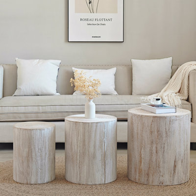 Round Wood Coffee Table Set Of 3 Set Of 3 Rounded Coffee Tables End Tables Plant Stands Decorative Accent Pieces Whitewashed