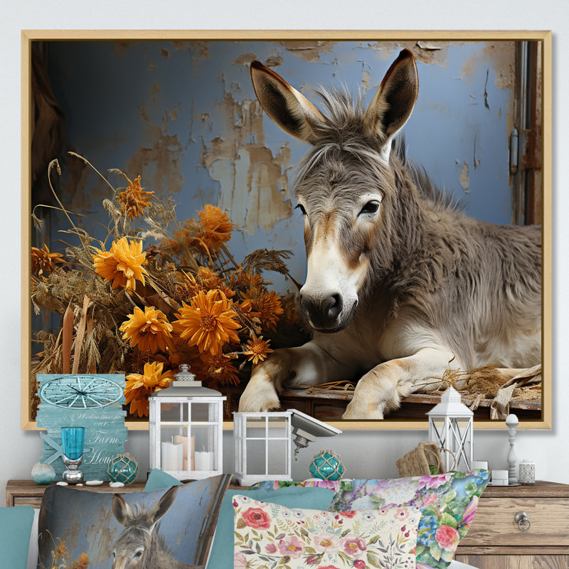 Farmhouse Donkeys Flower Charm I - âne, art mural, Cadre flottant brun, H 30 po x l 40 po x P 1,5 po