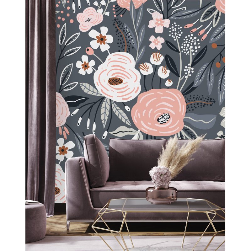 Fleurs sur fond sombre L 8,33 pi x l 100 po