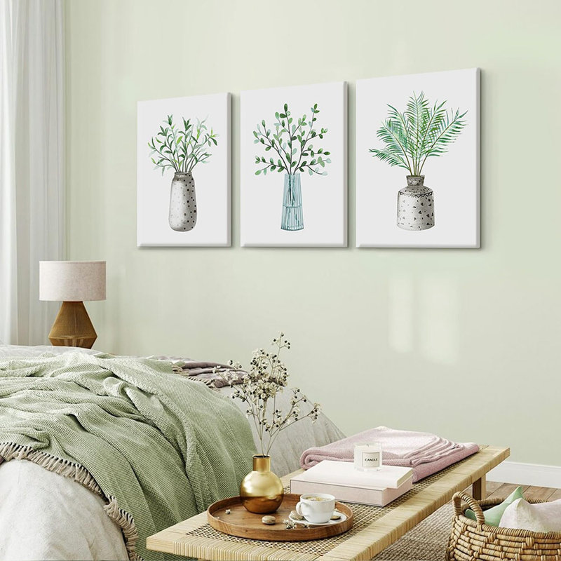 3 Pcs Farmhouse Green Plant Canvas Wall Art Natural Green Leaves Abstract Art Image Print Wall Decor Minimalist Botanical Print In Vase Bedroom Kitchen Wall Decor Framed